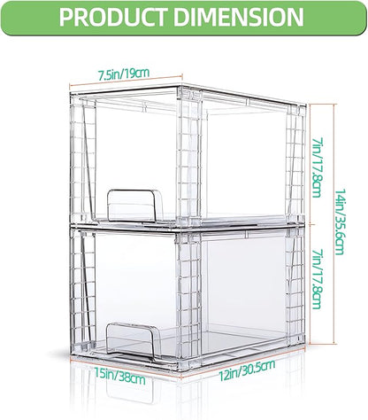 Medium Clear Stackable Storage Drawers (4 Pack), High-strength Acrylic Organizer Bins with Handles, Plastic Drawers for Fridge Bathroom Cabinet Closet Undersink Pantry Kitchen Makeup Storage