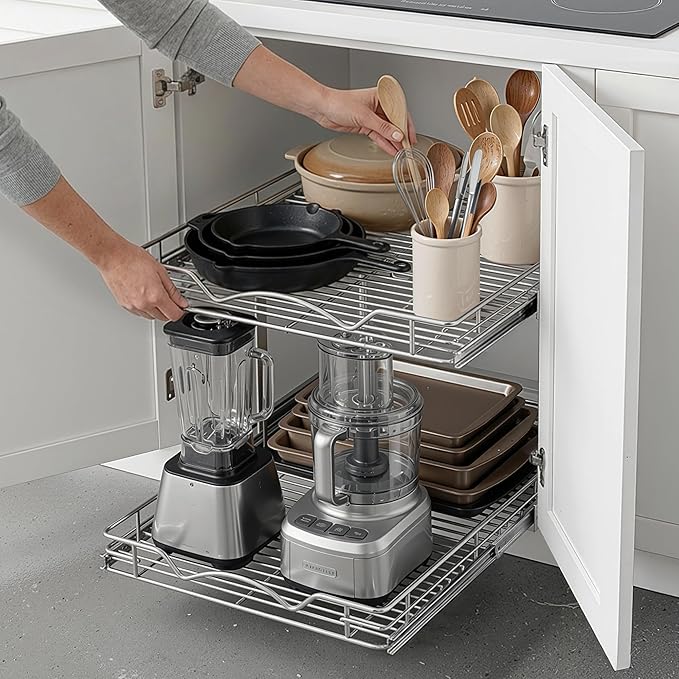 HOLDN’ STORAGE Two Tier Pull Out Cabinet Organizer, Individual Sliding Drawers - Heavy Duty Metal with Lifetime Limited Warranty - Anti Rust Chrome Finish - 28" W x 21”D x 16.5" H