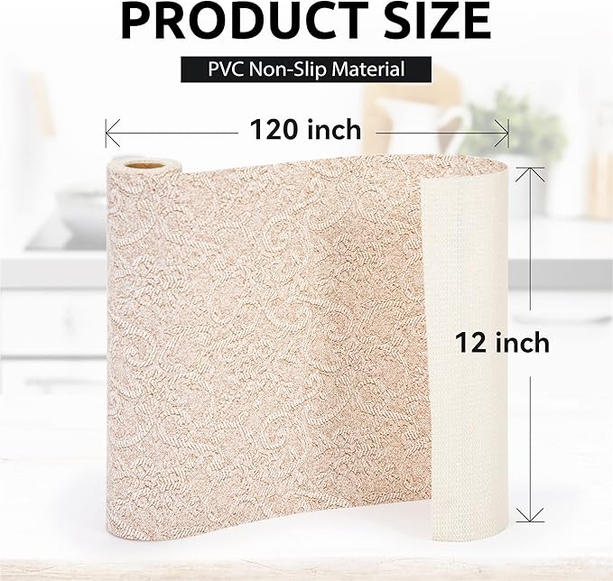 FIFTY FEET 12X120 Inch Shelf Liner with Scissor & Tape Measure for Kitchen Cabinets, PVC Drawer Liner for Dresser Non-Slip Bathroom, Non-Adhesive Cabinet Liner Washable (Chocolate Cream Color)