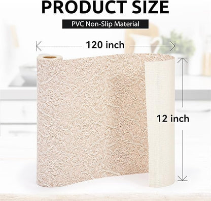 FIFTY FEET 12X120 Inch Shelf Liner with Scissor & Tape Measure for Kitchen Cabinets, PVC Drawer Liner for Dresser Non-Slip Bathroom, Non-Adhesive Cabinet Liner Washable (Chocolate Cream Color)