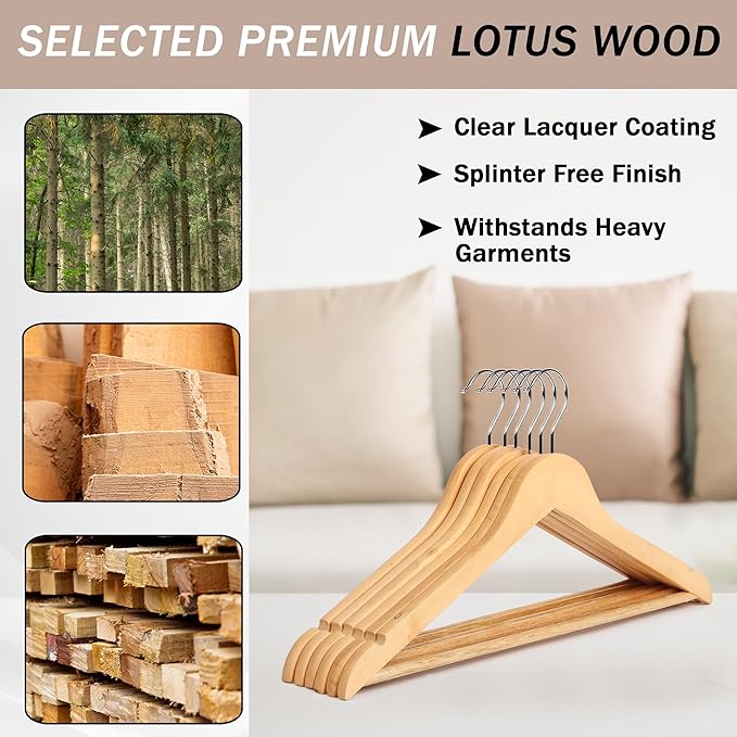 Kings Lifestyle Hub Wooden Hangers Premium Natural Bamboo Wood Hanger Well Polished Ergonomic Design & Sharply Cut Notches with Swivel Hook (Light Brown, Pack of 30)