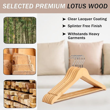 Kings Lifestyle Hub Wooden Hangers Premium Natural Bamboo Wood Hanger Well Polished Ergonomic Design & Sharply Cut Notches with Swivel Hook (Light Brown, Pack of 30)