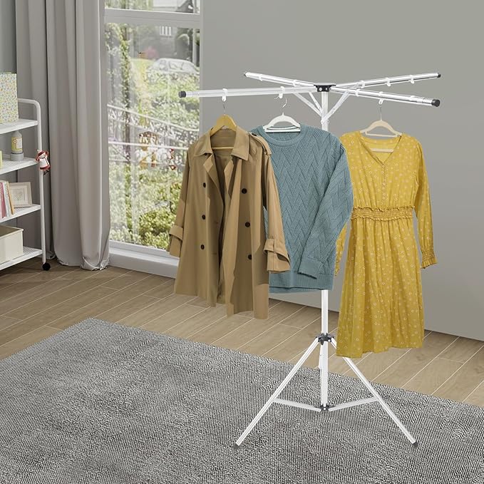 Folding Tripod Clothes Drying Rack, Silver Portable Drying Rack, Adjustable Height and Extendable, X-Shaped Adjustable Laundry Rack with 10 Windproof Hooks for Drying Skirts, Shirts, Pants