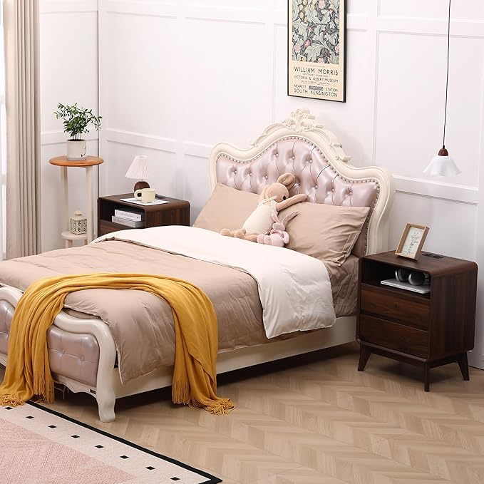 GlowVitaHome Nightstands Set of 2, Wood Bedside Tables with 2 Drawers and Open Storage, Accent End Tables with Solid Wood Legs for Bedroom,Walnut