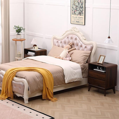 GlowVitaHome Nightstands Set of 2, Wood Bedside Tables with 2 Drawers and Open Storage, Accent End Tables with Solid Wood Legs for Bedroom,Walnut