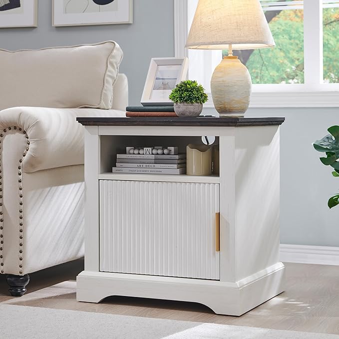 wow97e 22" Large Fluted Nightstand with Charging Station, Modern End Table, Wood Side Table w/Open Shelf & Spacious Tabletop, Bedside Table with Storage Space for Bedroom, Living Room-White