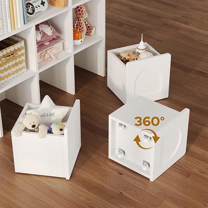 Toy Storage Organizer with 3 Movable Drawers,Montessori Bookshelf with 5 Open Cubbies,White Kids Bookshelf with Wall Mounting Hardware for Playroom,Den and Kids Room