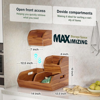 Acacia Wood Pantry Storage Bins – Stackable Open Front Kitchen Baskets for Potato, Onion, Fruit, Bread & More – Rustic Wooden Basket for Pantry - Easy Assembly with Tools & Hardware Included