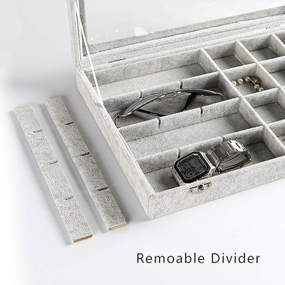 Frebeauty 24 Grid Earring Holder Organizer Tray, Jewelry Organizers and Storage for Drawer,Velvet Jewelry Display Storage for Earrings,Rings,Studs,10.5 x 6.5 x 1.2 Inches Gift for Women (Grey)