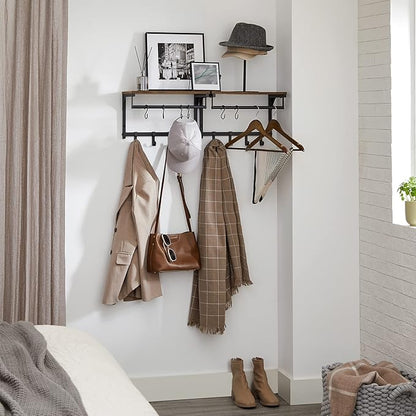 VASAGLE Laundry Room Shelf Wall Mounted, Coat Rack Shelf, with 8 Removable Hooks, for Entryway, Living Room, Kitchen, Bedroom, 15.7 x 9.4 x 9.4 Inches, Rustic Brown and Black ULCR103B01