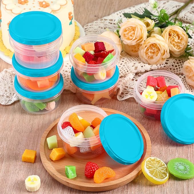 Sieral 36 Pack 8 oz Freezer Containers with Lids Reusable Deli Freezer Storage Containers Stackable Plastic Thick Twist Top Jars for Takeout Food Round Wide Mouth Lunch Snack (Sky Blue)