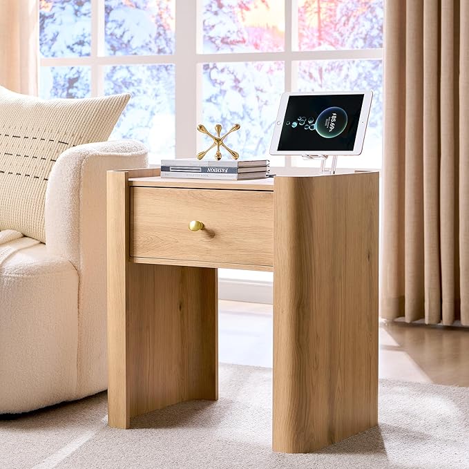 IFGET 23.6" Tall Modern Nightstand with Charging Station, 22" Wide Curved Bedside Table with 1 Storage Drawer, Wooden Night Stand, Large End Table for Bedroom, Living Room, Natural