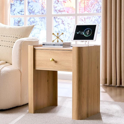 IFGET 23.6" Tall Modern Nightstand with Charging Station, 22" Wide Curved Bedside Table with 1 Storage Drawer, Wooden Night Stand, Large End Table for Bedroom, Living Room, Natural