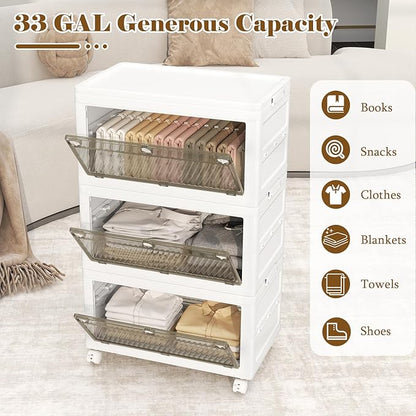 Giantex 33 Gal Plastic Storage Bins with Lids, 3 Tier Stackable Storage Boxes with Wheels, Closet Drawer Storage Container for Living Room, Home, Party, Office, Dorm (3 Pack)