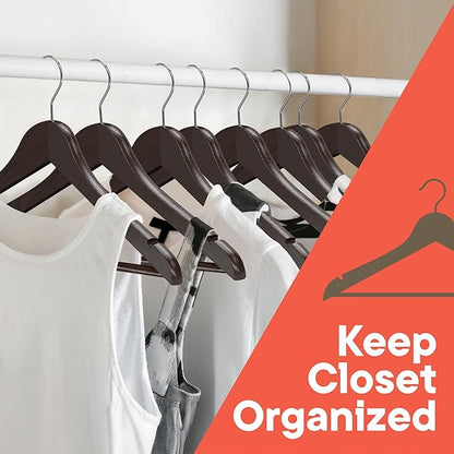 Brown Wooden Hangers 10 Pack – Heavy-Duty with 360° Swivel Hook, Non-Slip, Pants Bar & Shoulder Grooves - Wooden Hangers for Suits, Jackets, Dresses & Camisoles, Space-Saving and Smooth Finish