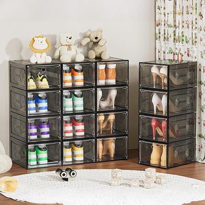 caktraie 6 Pack Thicken Shoe Organizer Stackable,Upgraded Sturdy Shoe Storage Box with Magnetic Door,Shoe Containers For Sneaker Display,Hat Organizer,Black