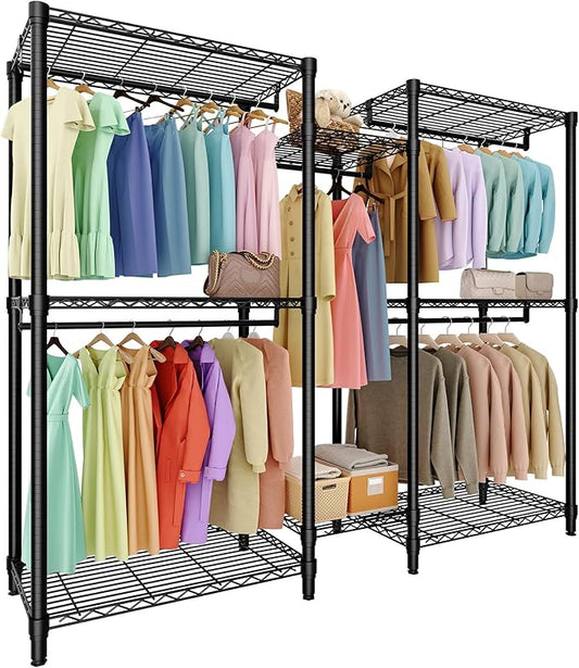 Portable Clothes Rack Heavy Duty Garment Rack, Large Freestanding Closet Wardrobe with Adjustable Shelves & 5 Hanging Rods, Closet Organizer and Storage for Bedroom Cloakroom, 76.5"H x 73.6"L x 17.4"W