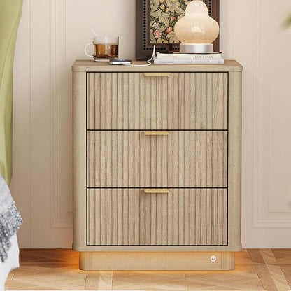 BONITURE Fluted Nightstand, Curved Night Stand with Charging Station Lighting, Wood End Table with 3 Drawers, Modern Side Table Storage Cabinet for Bedroom Office,(1, Natural)
