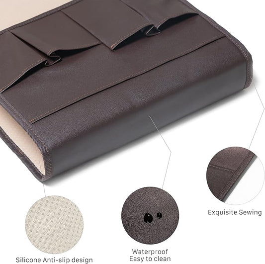 PU Leather Sofa Armrest Organizer, Armchair Magazine Holders, Waterproof Remote Holder for Recliner Couch with 1 Large Pocket, 4 Small Pockets for Magazine, Remote, Phone, Ipad, Books (brown)