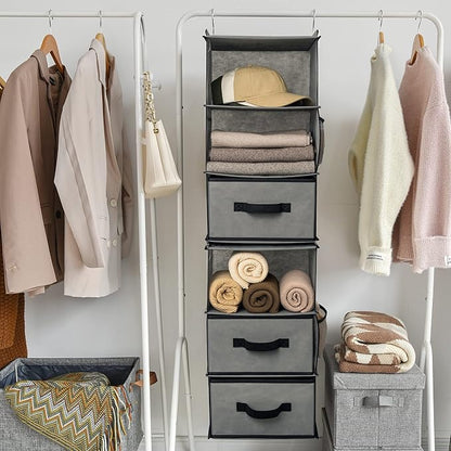GRANNY SAYS 6-Shelf Hanging Closet Organizer, Separable to 2 Pack 3-Shelf, Closet Organization and Storage with 3 Different Drawers, 4 Side Pockets Wardrobe Clothes Organizer, Gray, 1-Pack