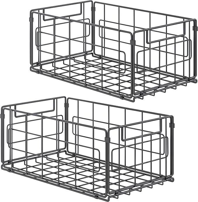 2 Pack Wire Baskets for Pantry Kitchen Organization,13.8inch Large Foldable Snack Storage Organizer Cabinets Freezer, Office,Bathroom,Closets Metal Basket Bin with Handle, 35x21.5x16 cm