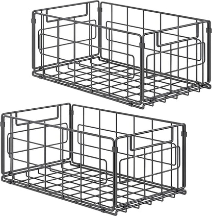 2 Pack Wire Baskets for Pantry Kitchen Organization,13.8inch Large Foldable Snack Storage Organizer Cabinets Freezer, Office,Bathroom,Closets Metal Basket Bin with Handle, 35x21.5x16 cm