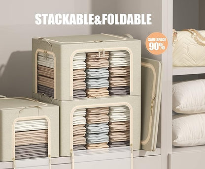 3 Opeings Large Clothes Storage Bins with Metal Frame, Foldable Storage Bin for Clothes, Clothing Storage Bins with Lid, Linen Storage Box With Clear Window＆ Zippers＆ Durable Handles.(3 Pcs,Beige,66L)