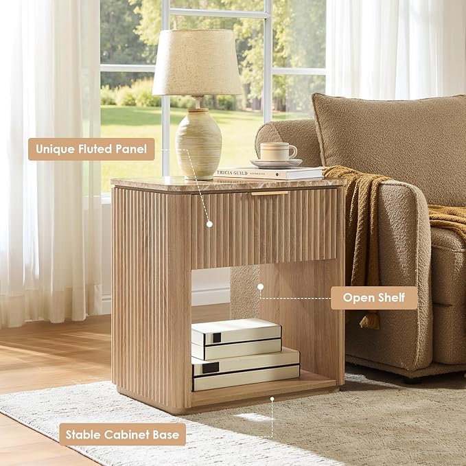 Fluted Nightstand Set of 2, Bedside Table with Faux Marble-Top, Engineered Wood Side Table with Drawer Open Shelf, Curved Corners, Modern Night Stand for Bedroom, Small Spaces, Natural Oak