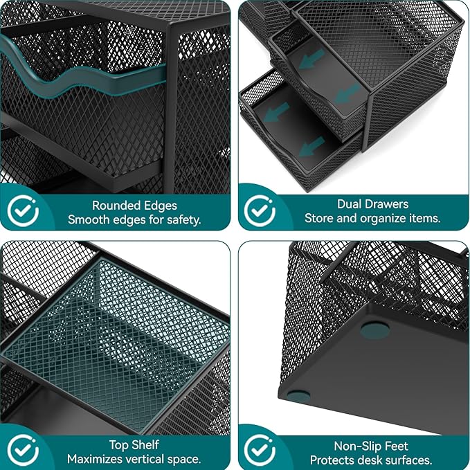Mesh Desk Organizer, Pen Organizer with 2 Drawers and 5 Compartments, Versatile Pen Holder for Small Space, Desk Organizers and Accessories for School Office Supplies, Black