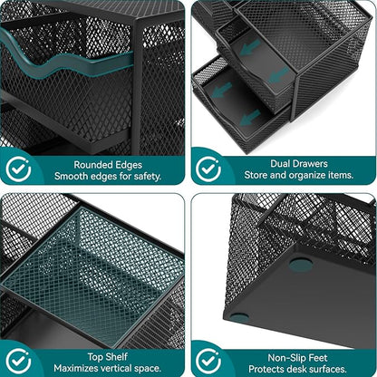 Mesh Desk Organizer, Pen Organizer with 2 Drawers and 5 Compartments, Versatile Pen Holder for Small Space, Desk Organizers and Accessories for School Office Supplies, Black