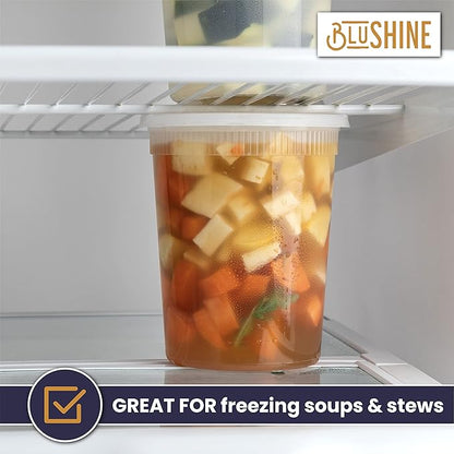 BluShine [24 Sets] 32 oz. Plastic Deli Food Storage Containers with Airtight Leak Proof Lids - Reusable - Microwave, Fridge, and Freezer Safe