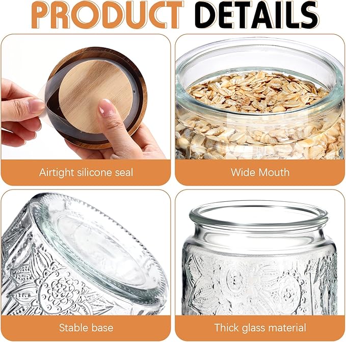 Domensi 6 Pcs Vintage Glass Jars 34 oz Glass Storage Jars with Lids Sunflower Pattern Airtight Storage Containers for Kitchen Counter, Pantry, Coffee Bean, Grains, Tea, Sugar, Flour, Candy, Oats