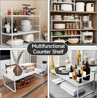 jkxoo Expandable Cabinet Countertop Shelves 16.5-27’’L, Adjustable Metal Spice Rack Organizer, Stackable Kitchen Counter Storage Shelves Organizers for Cabinet Organization, White