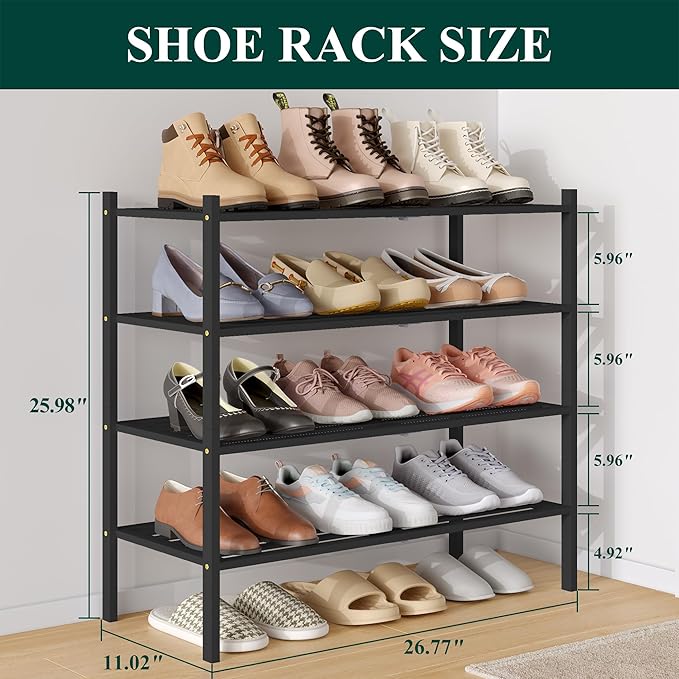 Smiry Bamboo Shoe Rack 4-Tier, Stackable Wooden Shoe Organizer for Entryway & Closet, Free Standing Wood Shoe Storage Shelf for Front Door & Small Spaces, Black