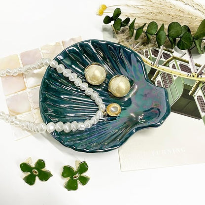 Seashell Trinket Tray, Ceramic Ring Holder Dish for Earrings Necklace, Shell Jewelry Dish Tray, Ocean Room Decor, Birthday Mother's Day Christmas Gift for Women, 3.9", Deep Teal Iridescent Surface