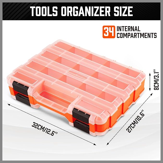 HORUSDY Small Parts Organizer, 34-Compartment Double-Sided Storage Box with Removable Dividers, Double Side Tools Box Screw Organizer for Screws, Nuts, Bolts, Nails & Small Hardware