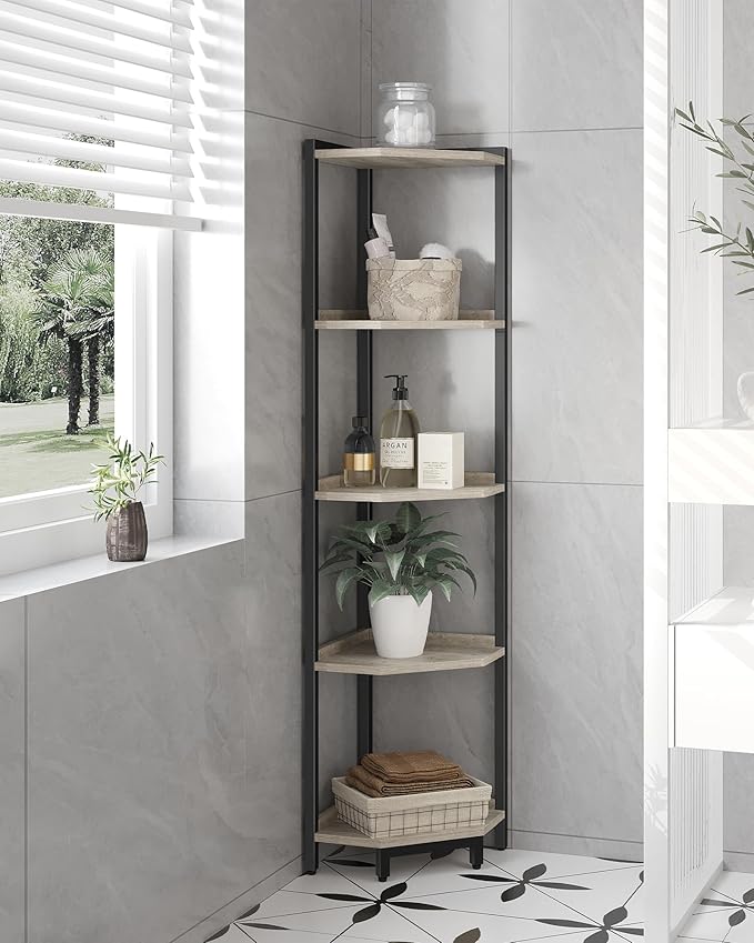 Corner Shelf Stand, Corner Bookshelf, Storage Standing Shelf Unit with Metal Frame, Plant Stand, Corner Bookcase for Living Room, Home Office, Bedroom, 5-Tier Greige CS05905B