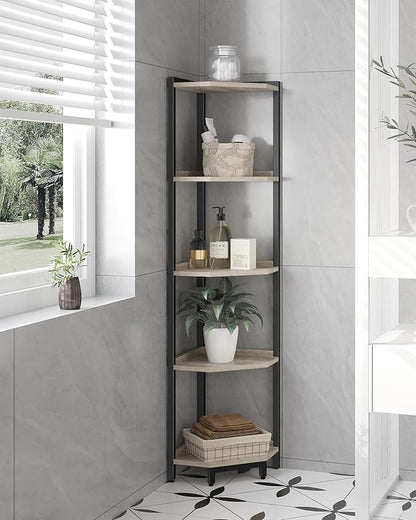 Corner Shelf Stand, Corner Bookshelf, Storage Standing Shelf Unit with Metal Frame, Plant Stand, Corner Bookcase for Living Room, Home Office, Bedroom, 5-Tier Greige CS05905B