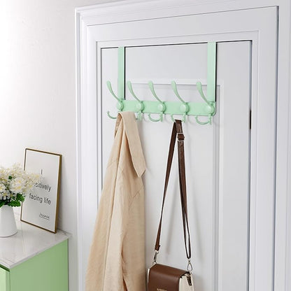 Dseap Over The Door Hook Hanger - Fits 1 3/8" to 1 3/4" Standard Doors | 5 Tri Hooks Heavy Duty Towel/Coat Rack | Door Organizer for Clothes, Jackets, Hats, Towels, Green