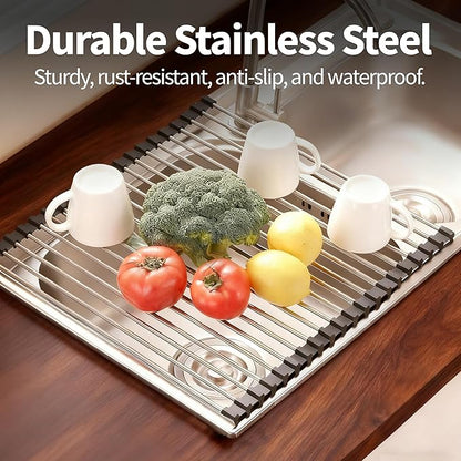 TYZUIAW Roll Up Dish Drying Rack for Over Sink -17.5"x11.8" Foldable Stainless Steel Kitchen Drainer, Black