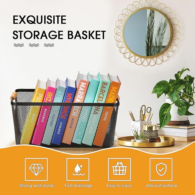 4 Pcs Metal Wire Basket with Wooden Handles Mesh Steel Storage Organizer Bin Containers for Home Cabinet Pantry Closet Kitchen Fridge Fruit Makeup Snacks Gifts (Extra Large,Black)