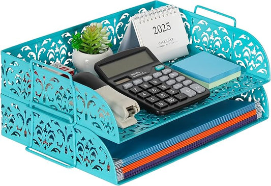 EasyPAG Paper Organizer for Desk 2 Tier Stackable Paper Tray for A4 Legal Size Folders Metal File Storage Desktop Organizer for Home Office School Teacher, Dark Teal