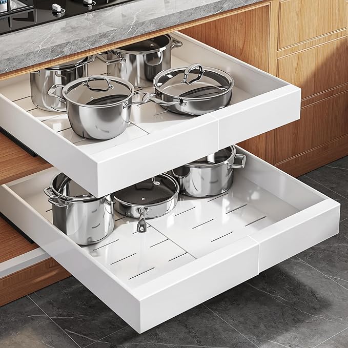 1-Pack Expandable Pull Out Cabinet Organizer 21" Deep with 3 Slide Rails, Adjustable Width (12"-20.4") Drawer Organizer for Kitchen Pantry Base Cabinets, Fixed with Roll Out Shelves Adhesive, White