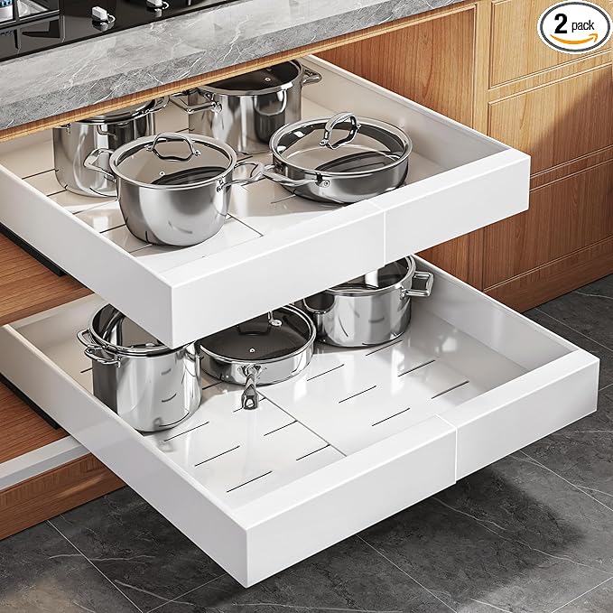 2-Pack Expandable Pull Out Cabinet Organizer 21" Deep with 3 Slide Rails, Adjustable Width (12"-20.4") Drawer Organizer for Kitchen Pantry Base Cabinets, Fixed with Roll Out Shelves Adhesive, White