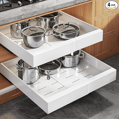 4-Pack Expandable Pull Out Cabinet Organizer 21" Deep with 3 Slide Rails, Adjustable Width (12"-20.4") Drawer Organizer for Kitchen Pantry Base Cabinets, Fixed with Roll Out Shelves Adhesive, White