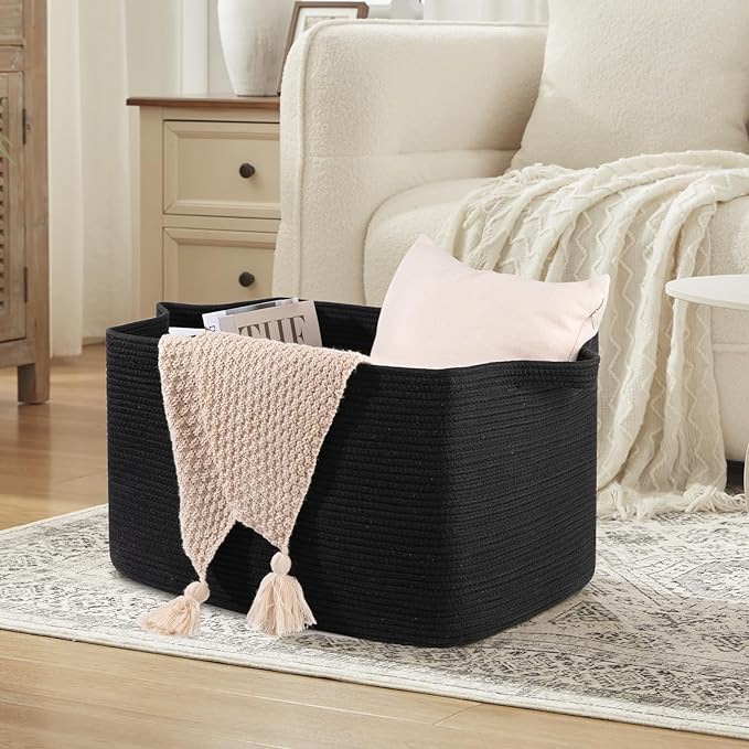 95L Large Blanket Basket, Black Blanket Storage Living Room, Rectangle Woven Baskets for Storage Toys, Towels, Dirty Clothes Organizer Bins (Black)
