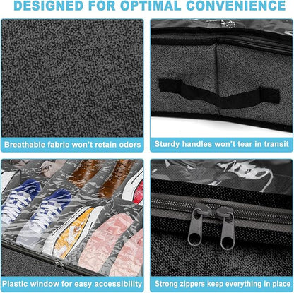 Under Bed Shoe Storage Organizer for Closet, Fits 32 Pairs Underbed Shoes Box Storage Containers Under the Bed Storage Foldable with Sturdy Handles&Clear Window for College Dorms Grey, Set of 2