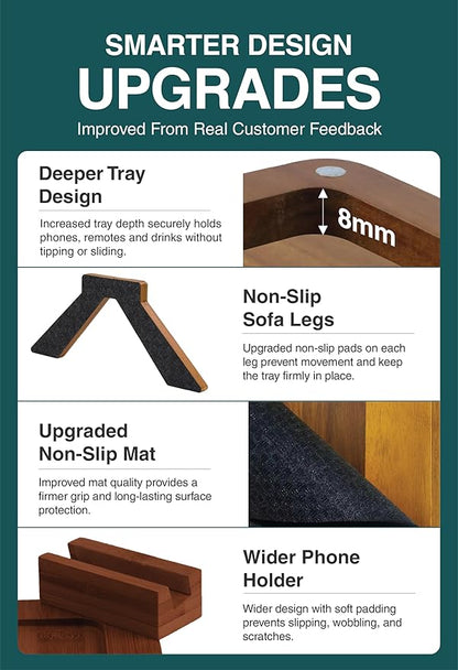 Acacia Couch Arm Tray Table – Fits Most of The Sofa Arms, 3 in 1 Adjustable Couch Arm Table with 360° Rotating Phone Holder, Wire Holder & Non-Slip Mat – Perfect Sofa Tray for Snacks & Coffee