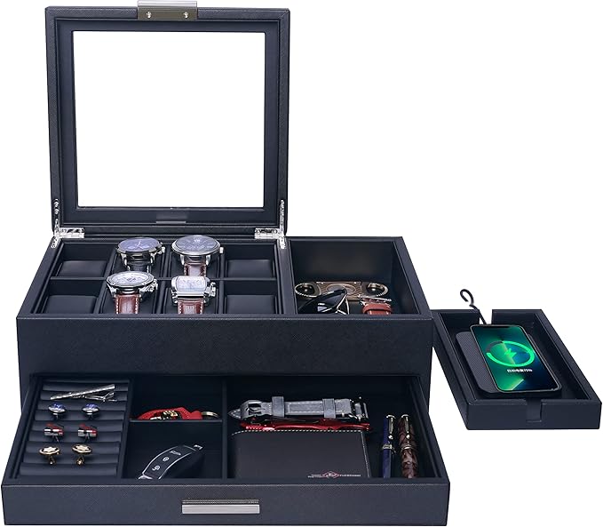 Lifomenz Co Mens Jewelry Box Valet Tray with Drawer and Charging Station Organizer,Nightstand Organizer for Men Jewelry Tray,Catchall Tray for Men Accessories