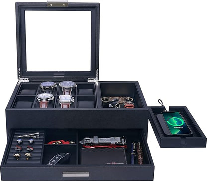 Lifomenz Co Mens Jewelry Box Valet Tray with Drawer and Charging Station Organizer,Nightstand Organizer for Men Jewelry Tray,Catchall Tray for Men Accessories